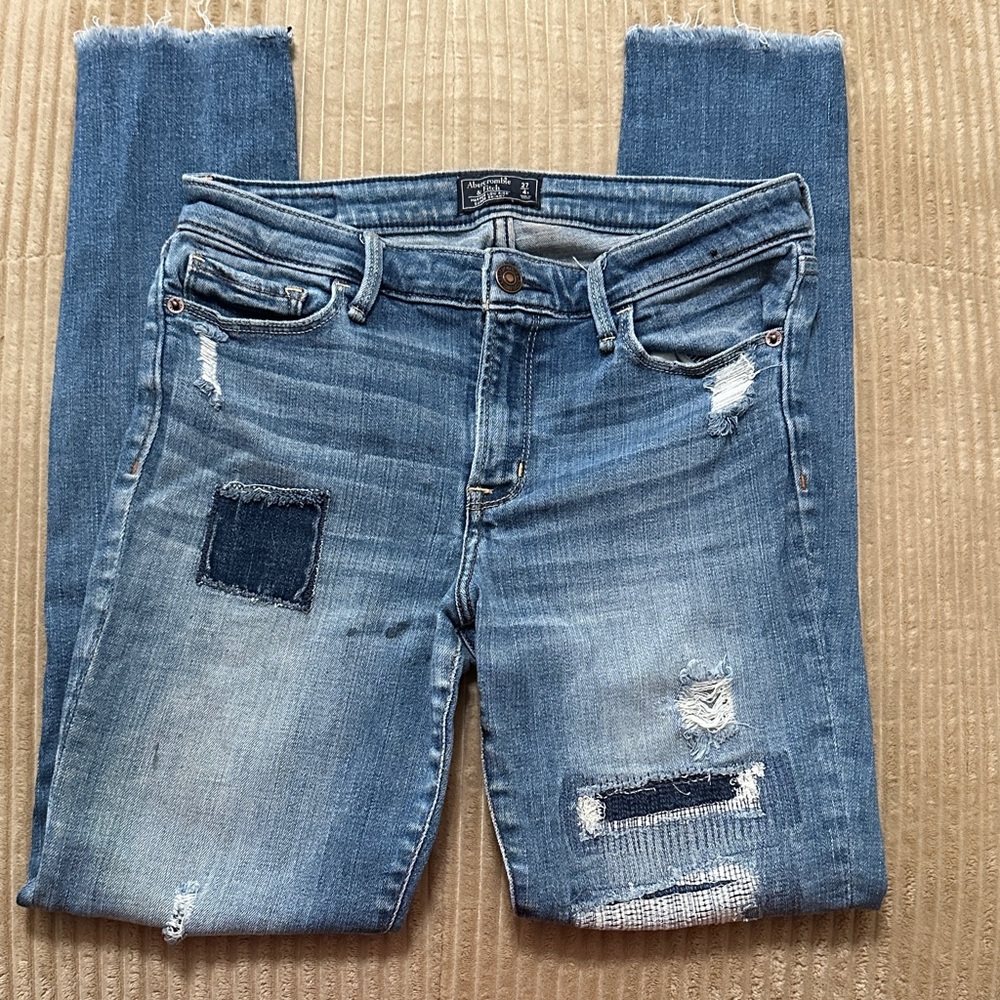 Abercrombie & Fitch Women's Blue Distressed Skinny Jeans with Patchwork size 27